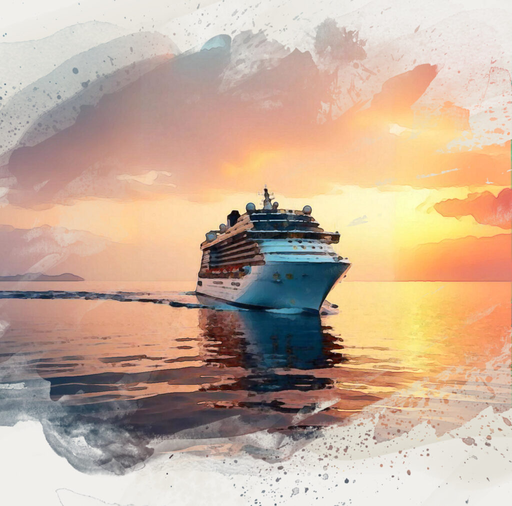 Elegant cruise ship sailing on calm ocean during warm sunset, symbolizing personalized and memorable cruise celebrations after Zoom consultation.