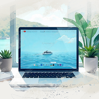 A laptop sitting on a clean desk with a calm ocean scene displayed on the screen, surrounded by small green plants. This illustration represents the comfort and ease of scheduling a Zoom consultation with a cruise travel agent, fitting the cruise travel theme with soft, ocean-inspired colors.
