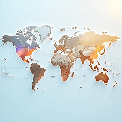 Elegant world map in soft tones, representing global cruise planning and personalized travel services.