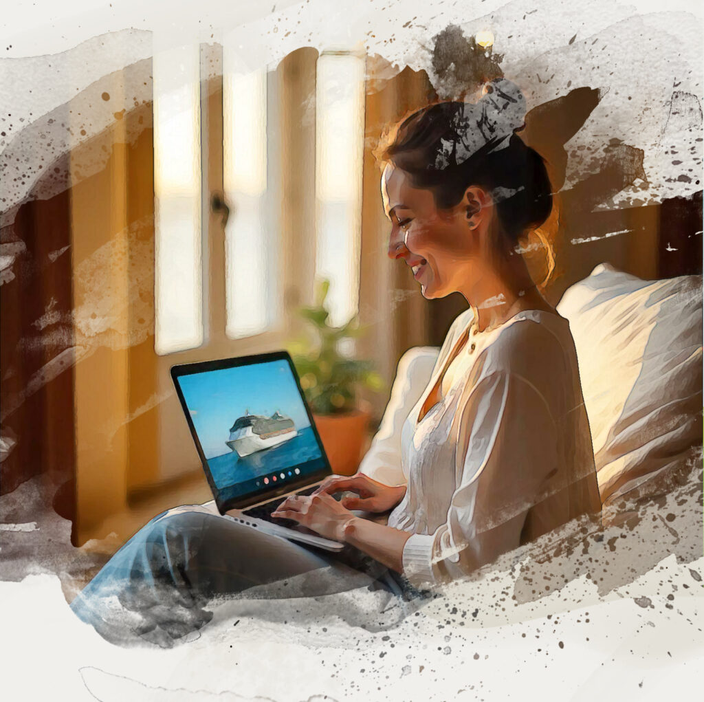 Woman smiling during Zoom consultation, planning a cruise celebration, warm natural light, cozy home setting.