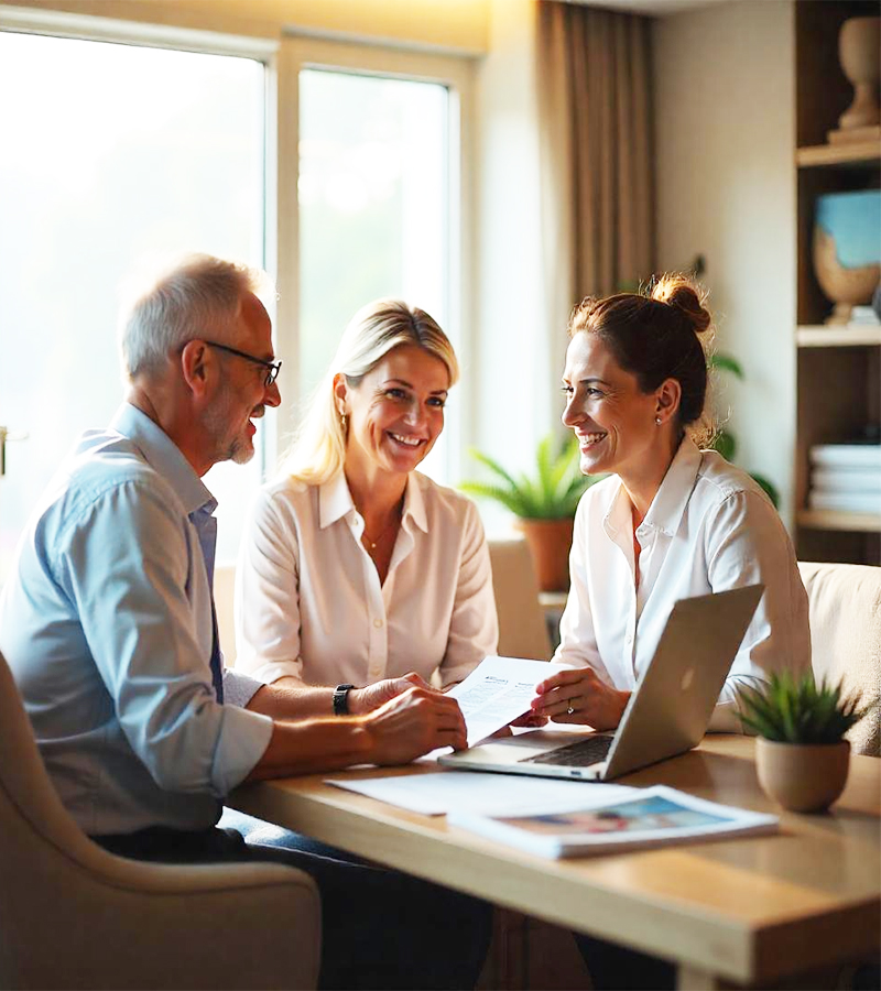 An older couple consults with a professional travel advisor in a bright, welcoming office. As part of their journey to find the right travel advisor, they review cruise plans and documents together. This image represents expert guidance, personal service, and the value of choosing the right advisor for a luxury cruise experience.