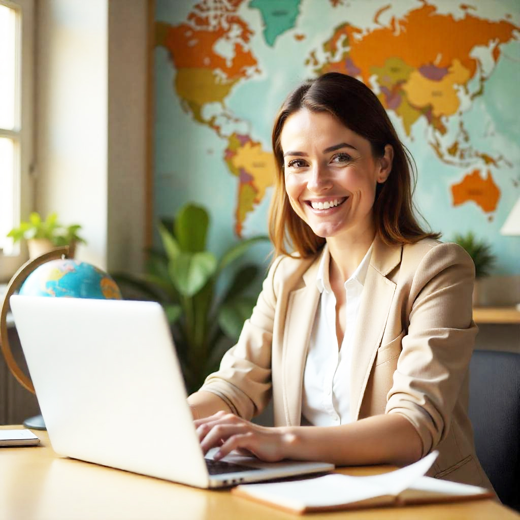 Travel advisor on a Zoom call in a modern office, ready to discuss key questions to ask your travel advisor with a client.