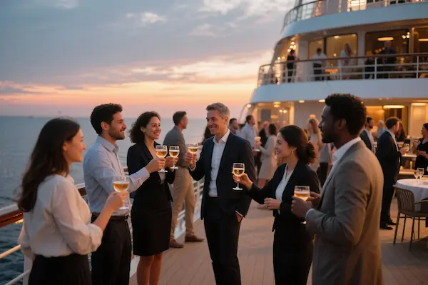 Corporate team enjoying networking event on cruise ship deck