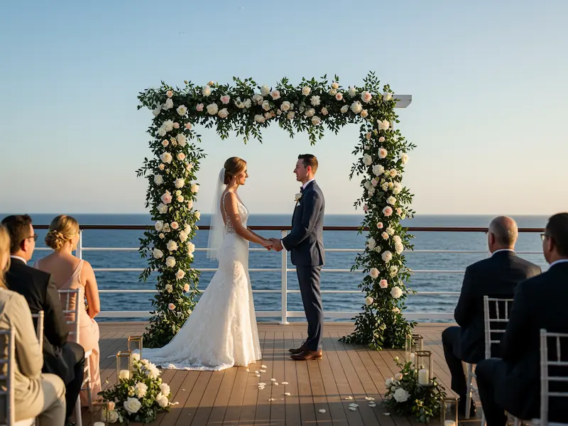Romantic wedding ceremony on cruise ship deck at sunset with ocean views
