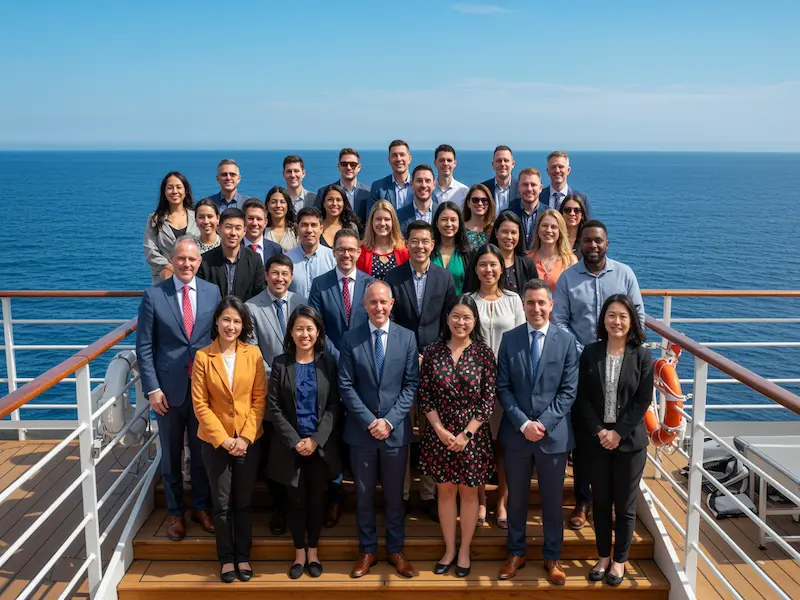 Corporate group celebrating team event on cruise ship deck with ocean background