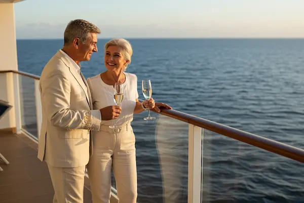 Mature couple enjoying ocean view from cruise ship balcony at golden sunset