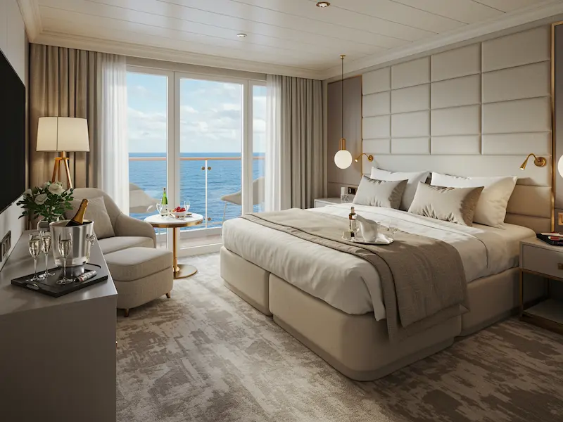 Elegant luxury cruise suite with private balcony and panoramic ocean views